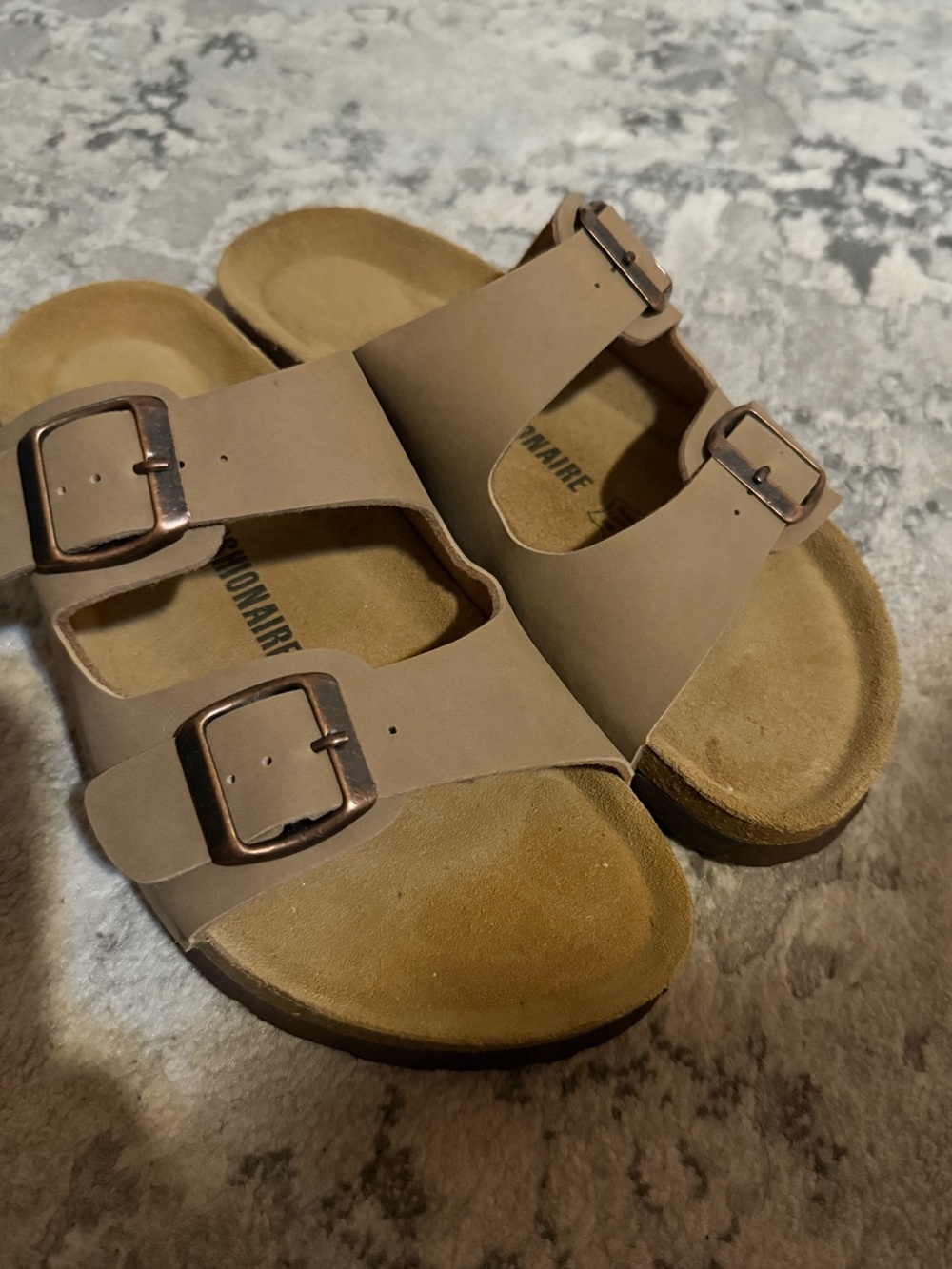 Women's Double-Buckle Slide Sandals in Taupe